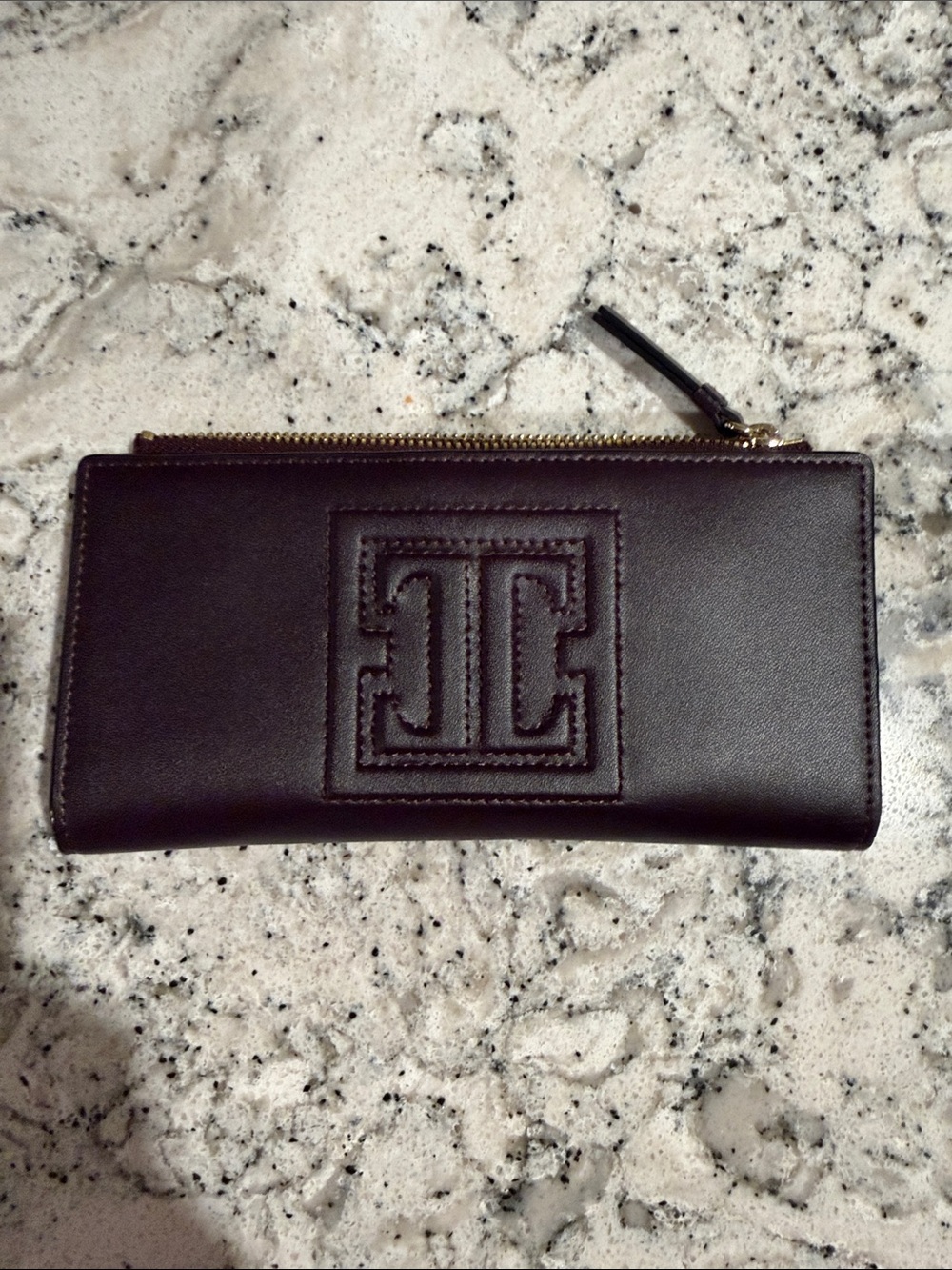 Mahogany Quilted Double-T Logo Leather Zip Wallet